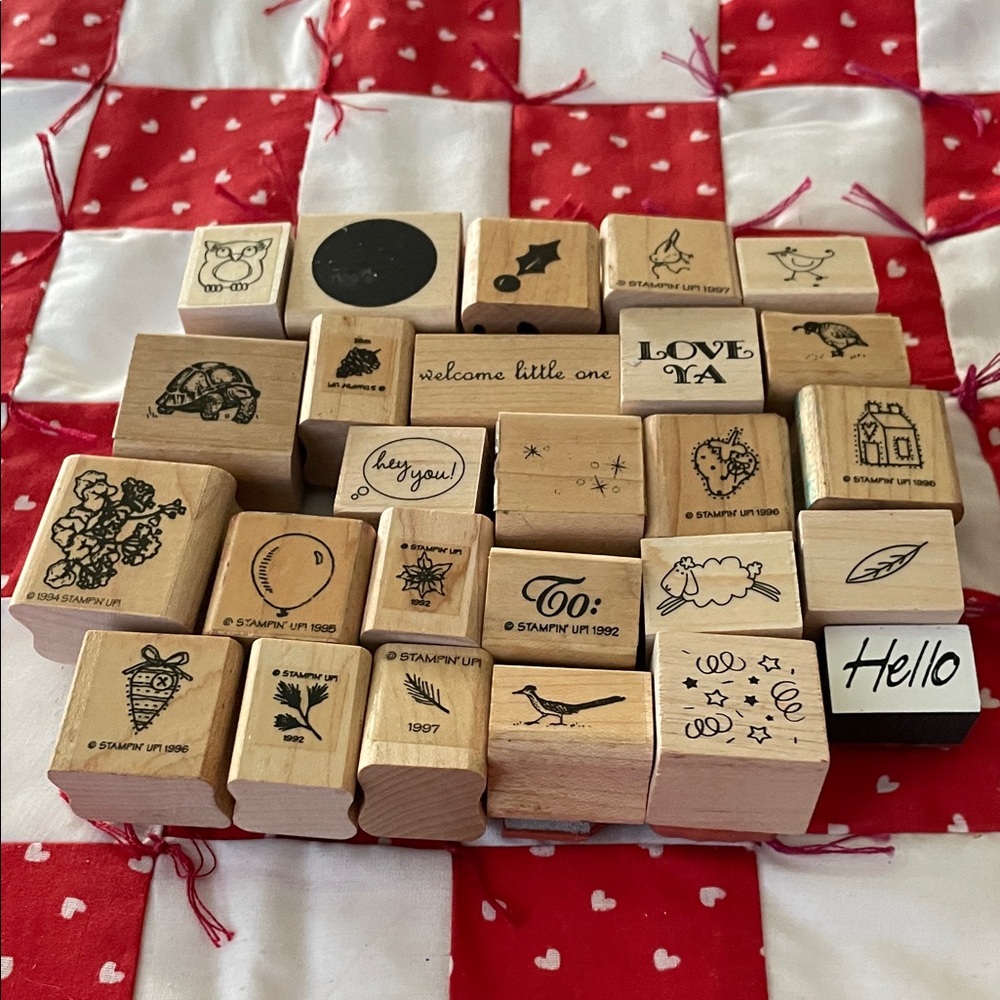 Wooden Rubber Stamp Set With A Variety of Themes Small Sizes Preowned